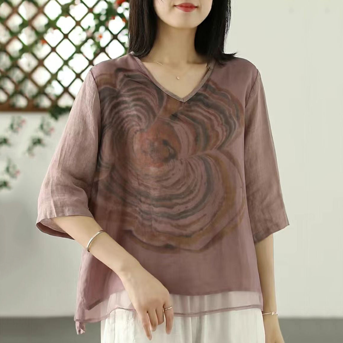 Green V Neck Print Tulle T Shirts Summer
