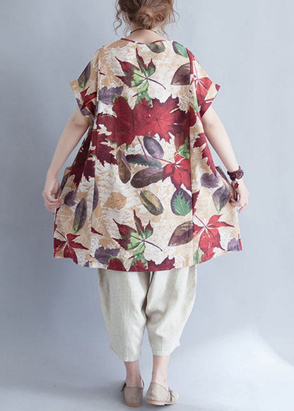 Retro O-neck Print Loose Fall Top Short Sleeve