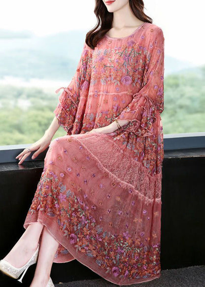 Pink O-neck Oversized Embroideried Silk Dresses Flare Sleeve