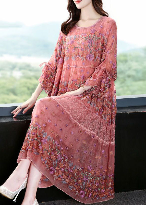 Pink O-neck Oversized Embroideried Silk Dresses Flare Sleeve