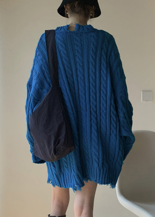 Loose Blue Hole Cable Knit Sweaters Winter