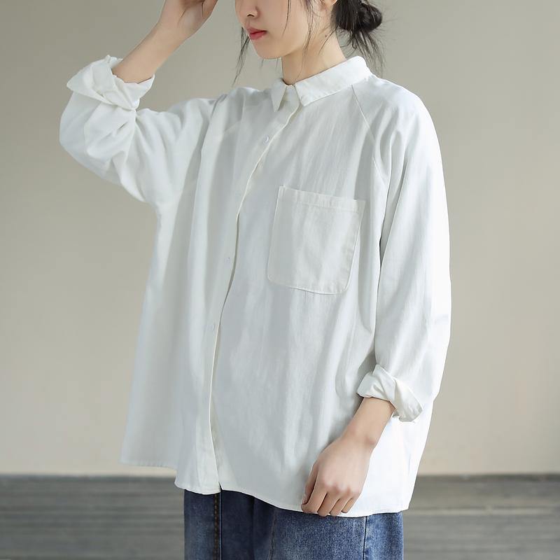 Organic White Tops Blouses Lapel Pockets Loose Spring Blouses