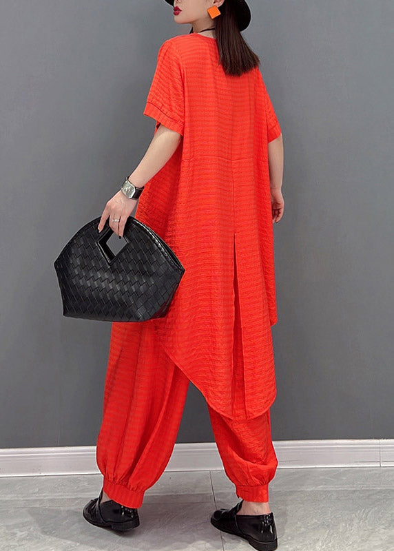 Red Linen Top and Harem Pants Two Pieces Set Summer