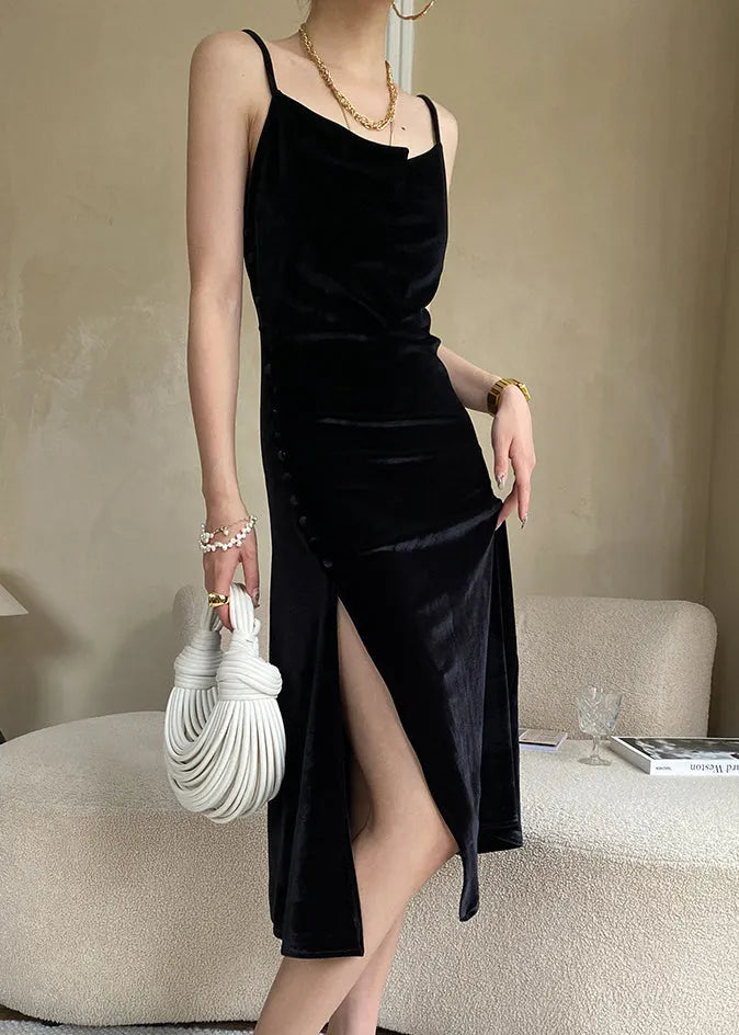 Black Silk Velour Spaghetti Strap Dress Cold Shoulder Summer