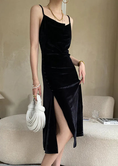 Black Silk Velour Spaghetti Strap Dress Cold Shoulder Summer