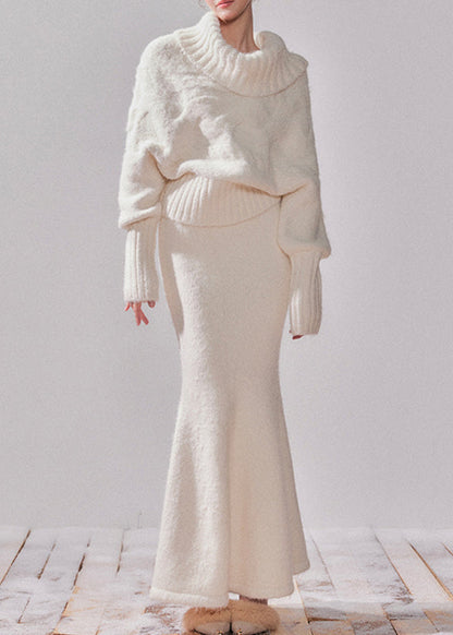 White Turtleneck Patchwork Cotton Knit Sweater and Maxi Dress Two-piece Set Fall