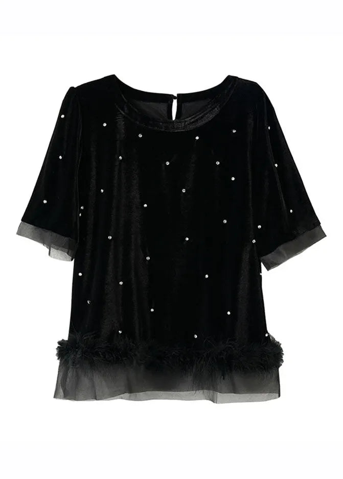 Black O-neck Zircon Tassel Patchwork Fluffy Silk Velour Top Summer