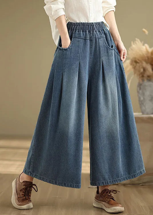 Unique Navy Elastic Waist Wrinkled Denim Wide Leg Pants Summer