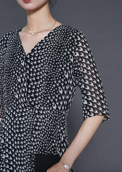 Fine Black Asymmetrical Print Chiffon Two Pieces Set Summer