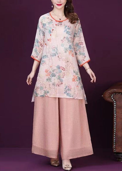 Loose Pink O Neck Print Tops and Pants Cotton Two Pieces Set Summer