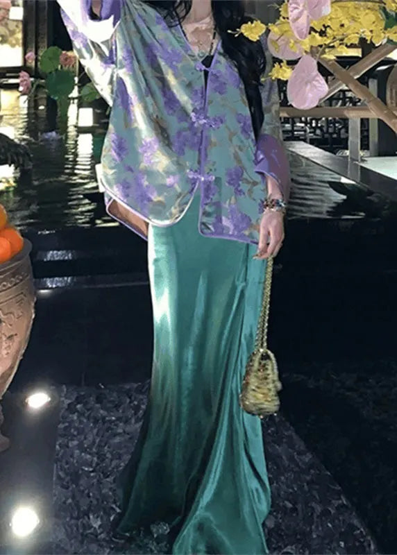 Chinese Style Peacock Blue V Neck Print Silk Shirts and Wide Skirt Two Pieces Set Spring
