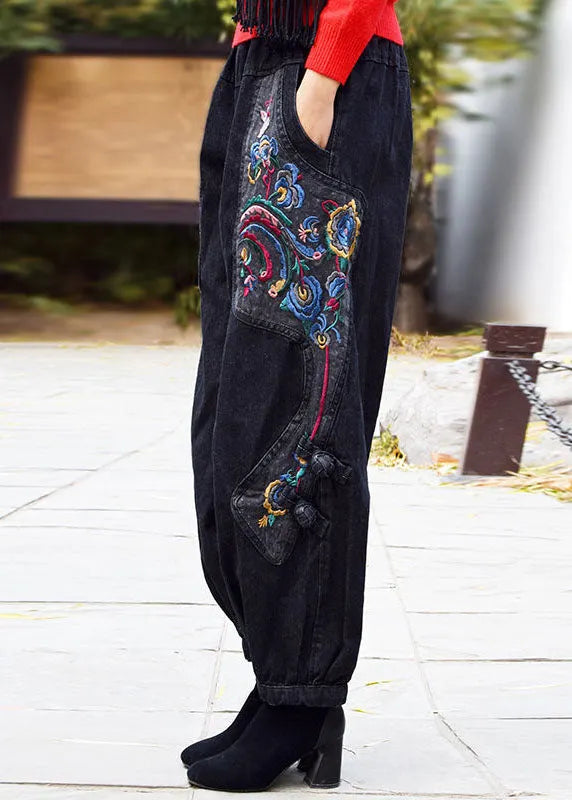 Black Grey Elastic Waist Embroideried Pockets Cotton Denim Harem Pants Spring