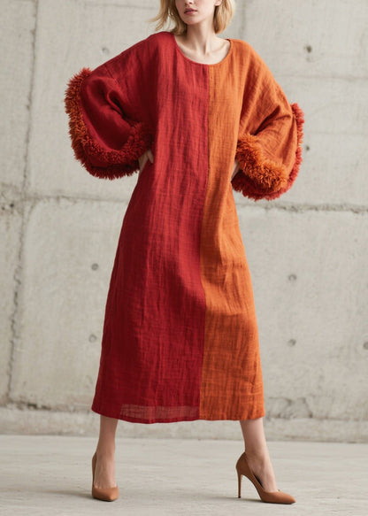 Diy Colorblock O-neck Patchwork Faux Fur Maxi Dress Lantern Sleeve