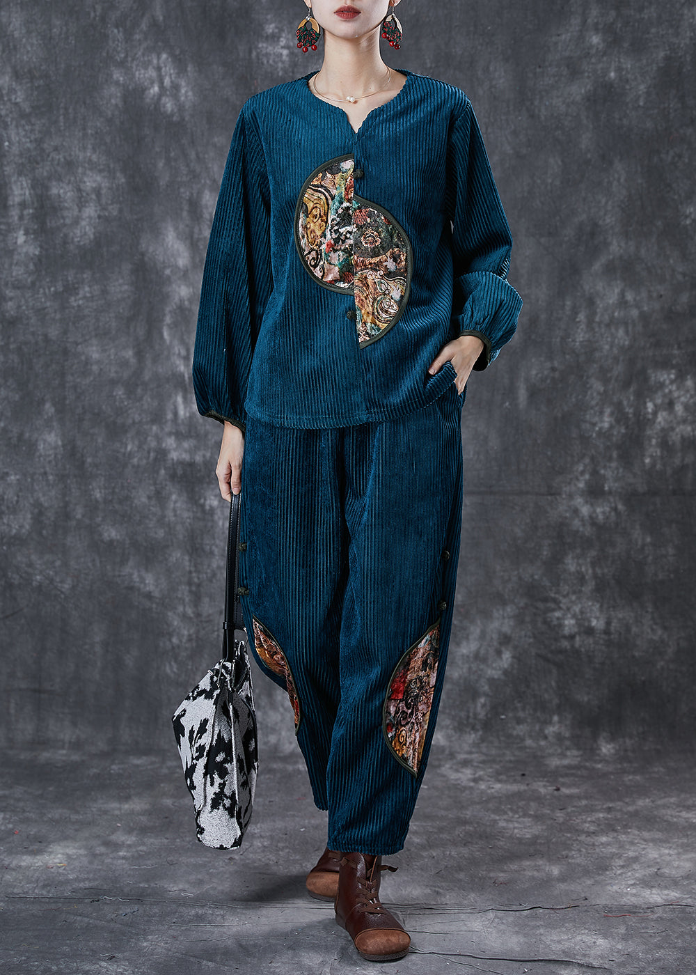 Peacock Blue Patchwork Corduroy Two-piece Set Chinese Button Spring