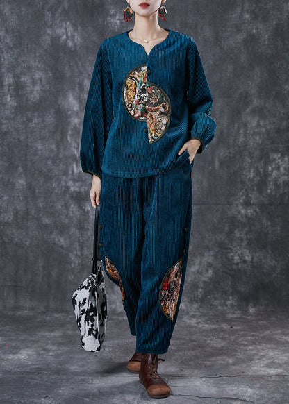 Peacock Blue Patchwork Corduroy Two-piece Set Chinese Button Spring