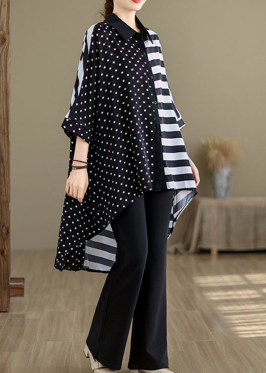 Colorblock Peter Pan Collar Low High Design Cotton Shirt Tops Summer