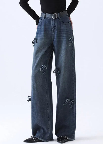 Natural Denim Blue Pockets Patchwork Bow Wide Leg Jeans Spring