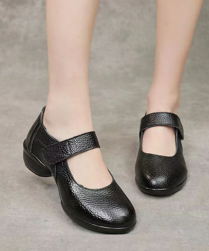 Buckle Strap Splicing Chunky Black Cowhide Leather Dance Shoes