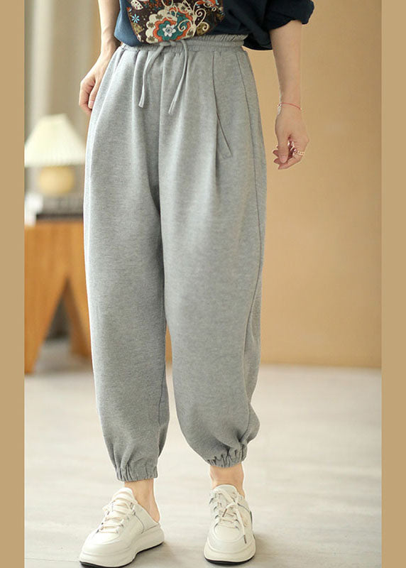 Grey Tie Waist Pockets Harem Fall Pants Cotton