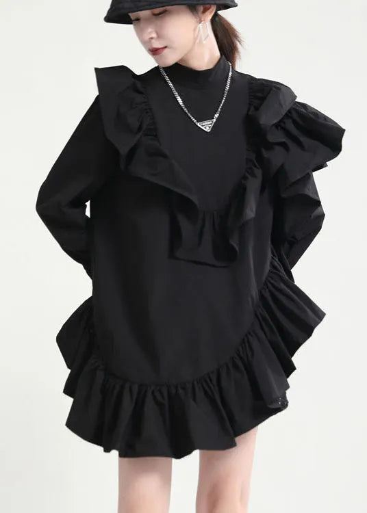 Diy Black Stand Collar Asymmetrical Ruffled Dresses Spring