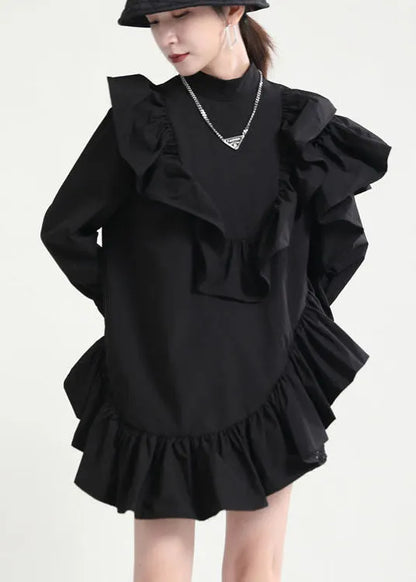 Diy Black Stand Collar Asymmetrical Ruffled Dresses Spring