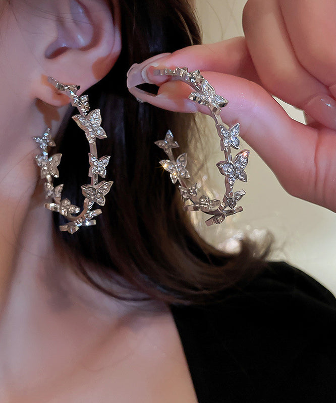 Silk Alloy Butterfly Patchwork Zircon C Shapes Hoop Earrings