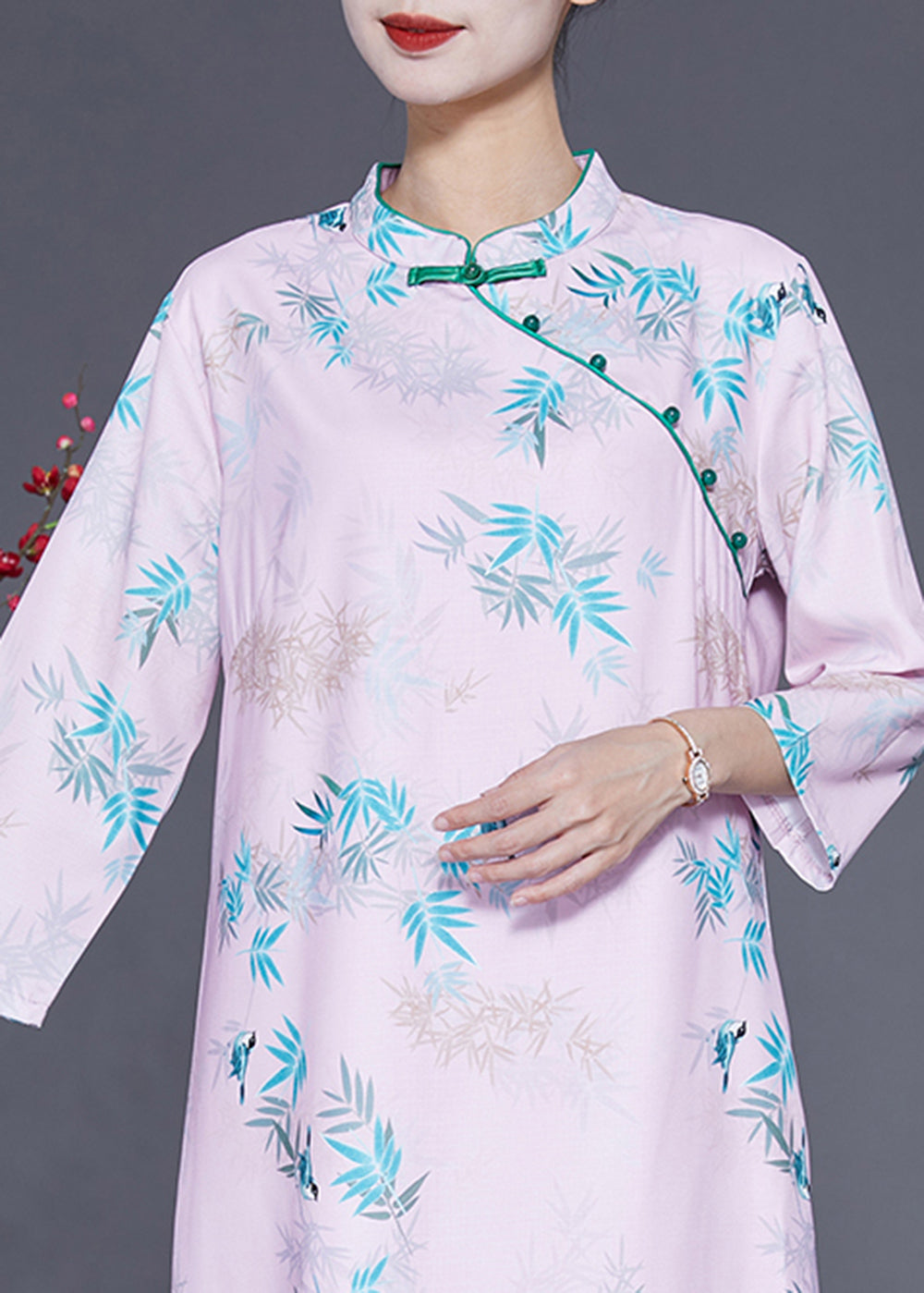 Light Pink Mandarin Collar Print Cotton Dresses Bracelet Sleeve