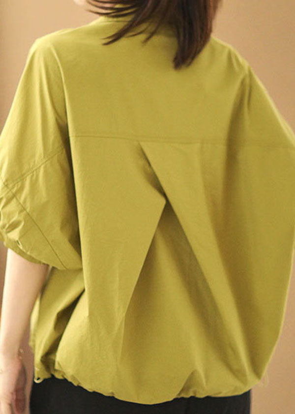 Yellow V Neck Patchwork Cotton Loose Shirt Tops Short Sleeve