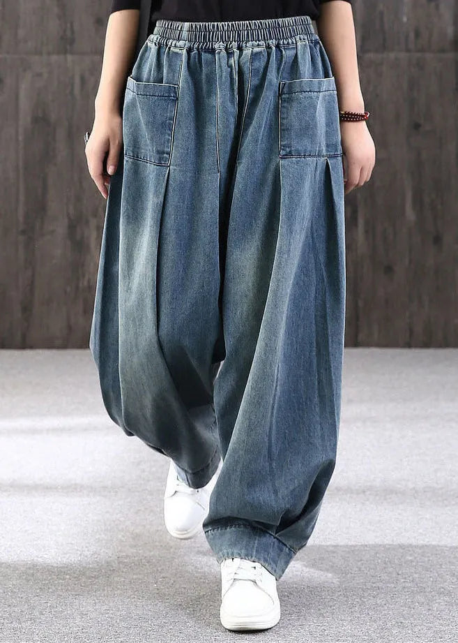 Blue Patchwork Pockets Denim Lantern Pants Summer