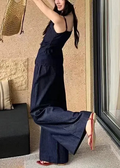 Navy Asymmetrical Silm Fit Denim 2 Piece Outfit Summer