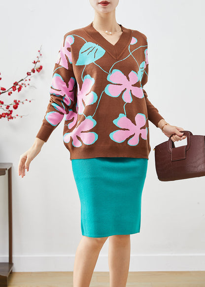 Slim Fit V Neck Print Knit Sweater and Skirt Sets 2 Pieces Fall