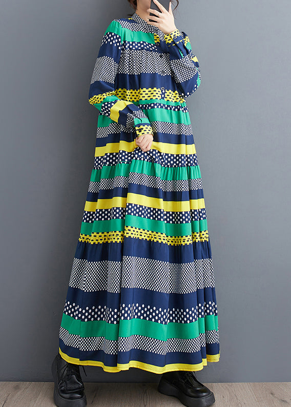 Green Stand Collar Print Patchwork Chiffon Dress Long Sleeve