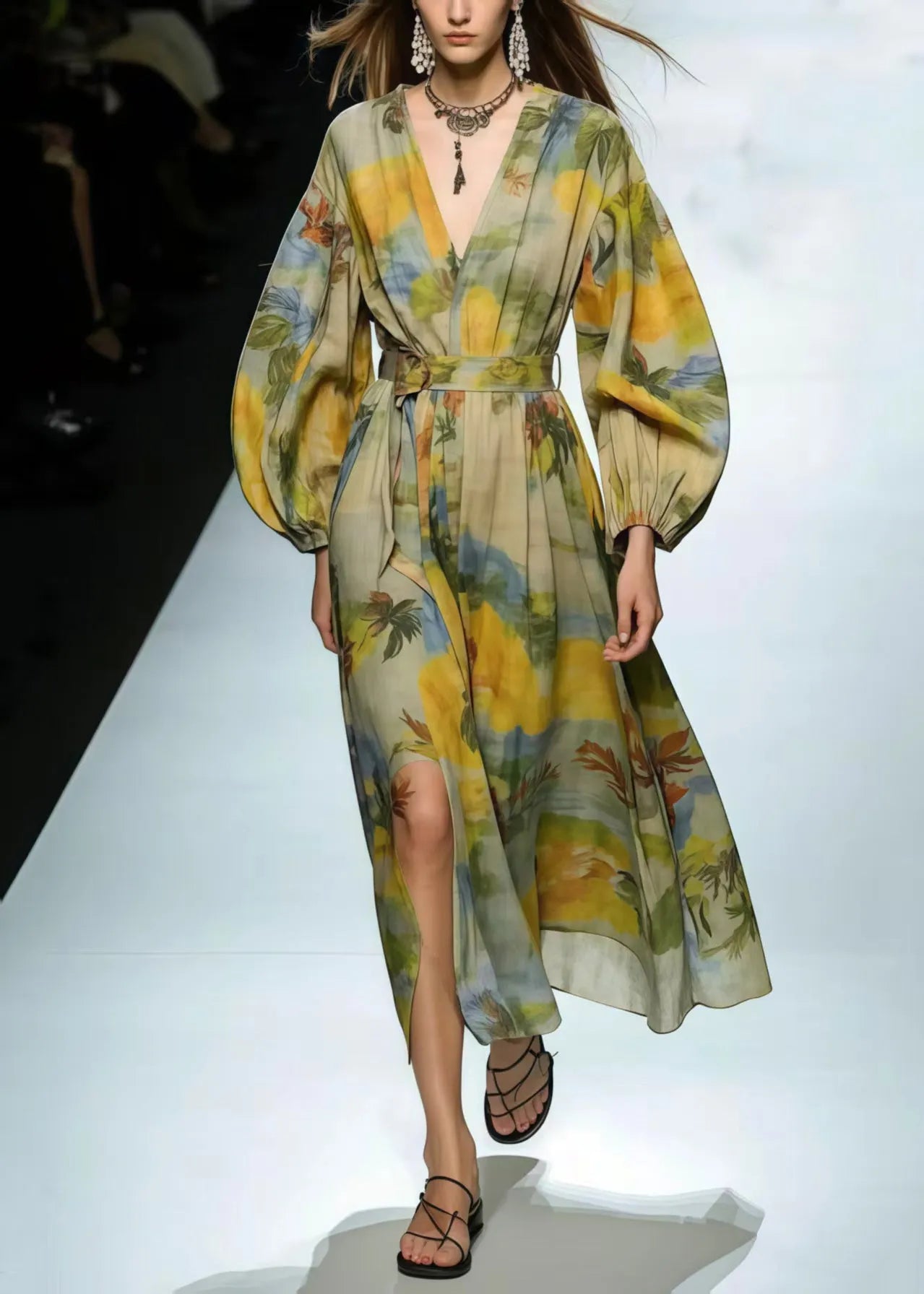 Modern Light Green V Neck Print Cotton Tunic Dress Spring