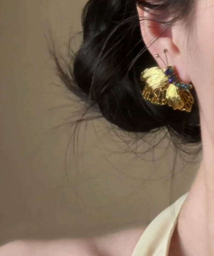Gold Sterling Silver Overgild Butterfly Hollow Out Stud Earrings