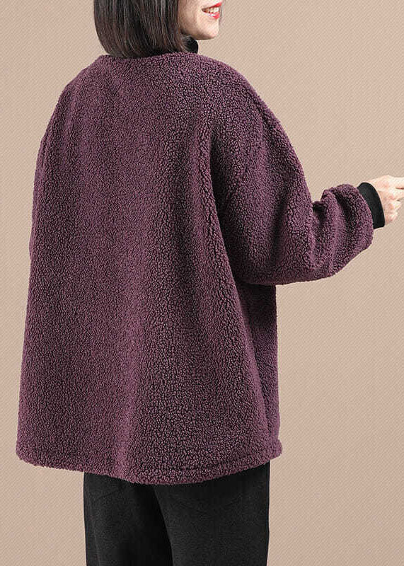 Purple Pockets Patchwork Faux Fur Fleece Sweatshirt Long Sleeve