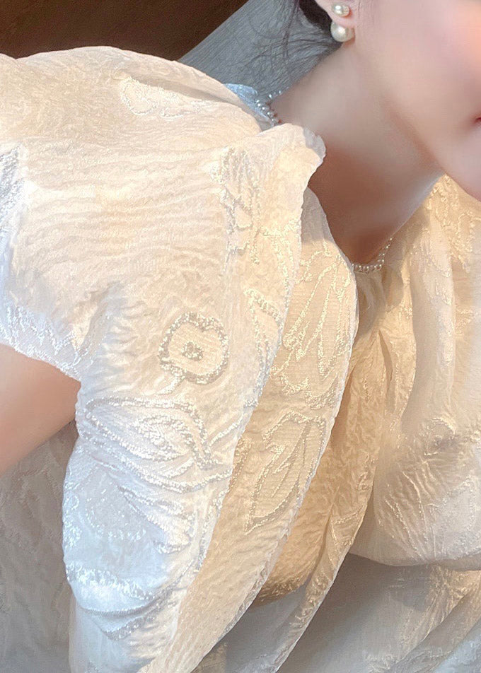 Jacquard White O-neck Silk Long Dresses Short Sleeve
