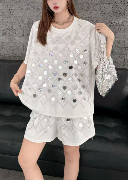 Organic White Sequins Cotton Two Piece Set Clothing Summer