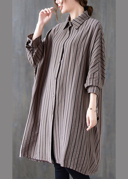 Khaki Peterpan Collar Button Striped Fall Long Sleeve Top