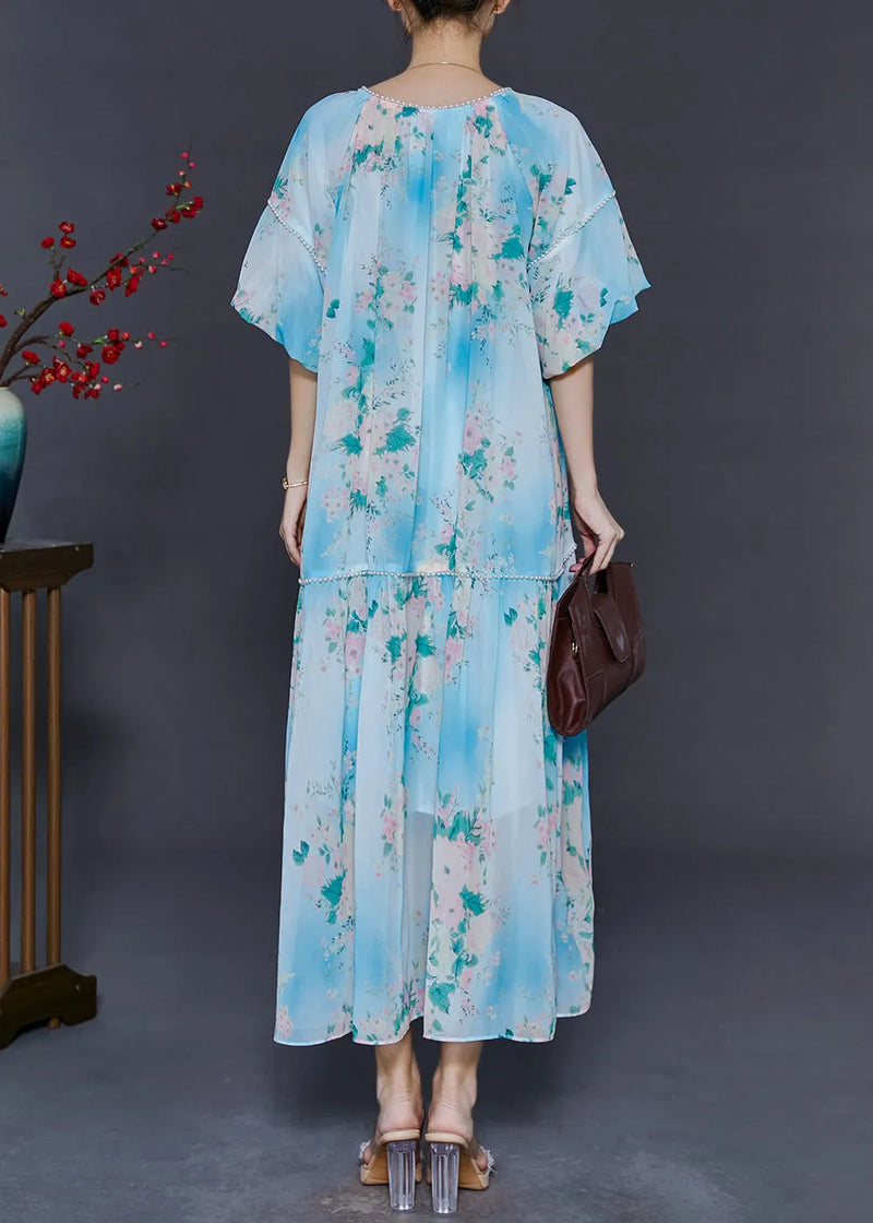 Diy Sky Blue Oversized Print Chiffon Long Dress Summer