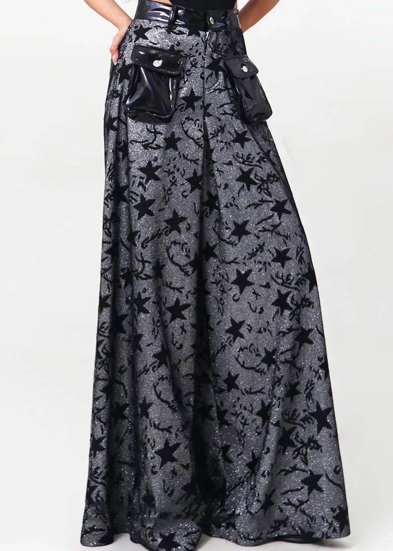 Black Pockets Patchwork Denim Wide Leg Pants Spring
