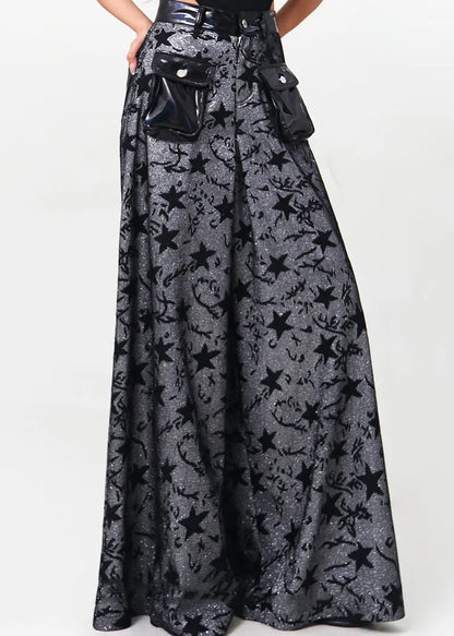 Black Pockets Patchwork Denim Wide Leg Pants Spring