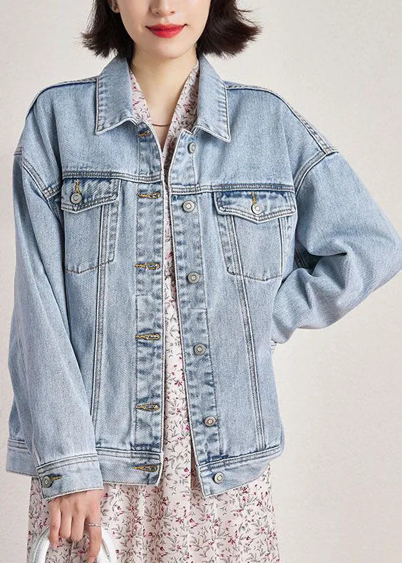 Light Blue Peter Pan Collar Oversized Pockets Denim Coats Spring