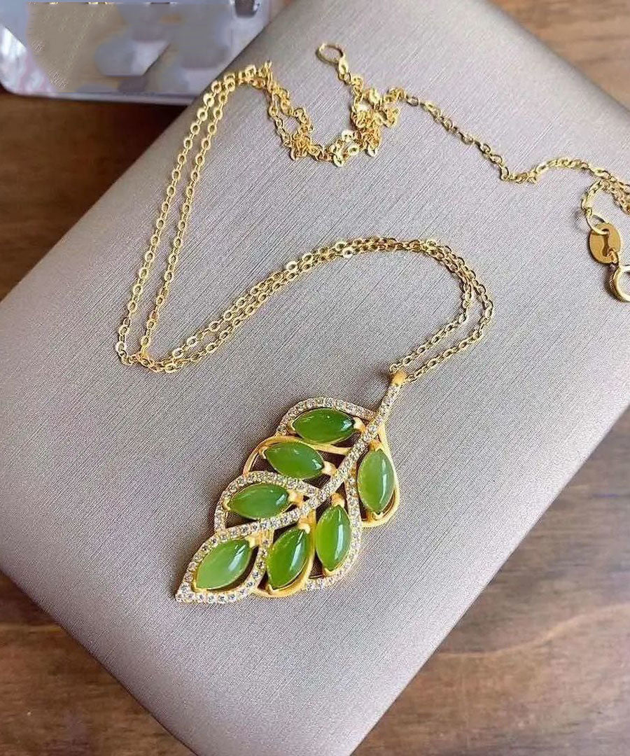 Green Jade Zircon Leaf Pendant Necklace