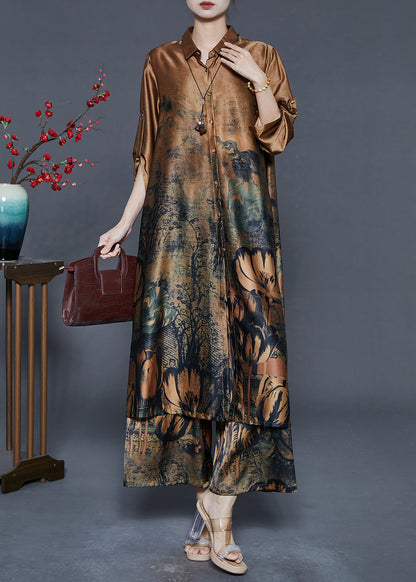 Khaki Print Draping Silk Two Pieces Set Oversized Fall