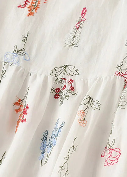 New White O-neck Lace Up Cotton Dresses Half Sleeve