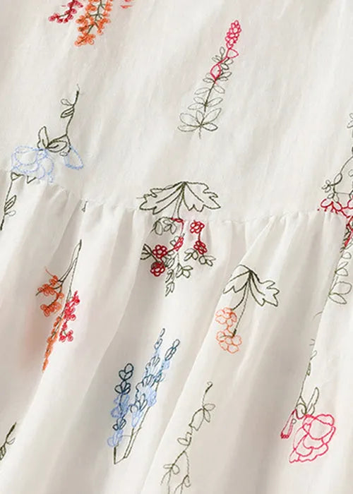 New White O-neck Lace Up Cotton Dresses Half Sleeve