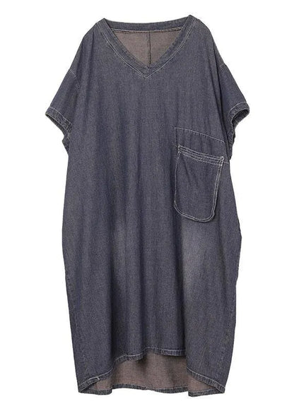 Black V Neck Pockets Denim Summer Maxi Dresses