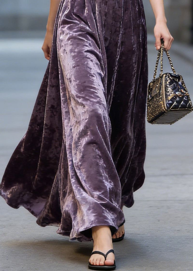 Italian Purple Elastic Waist Exra Large Hem Velvet Skirt Spring