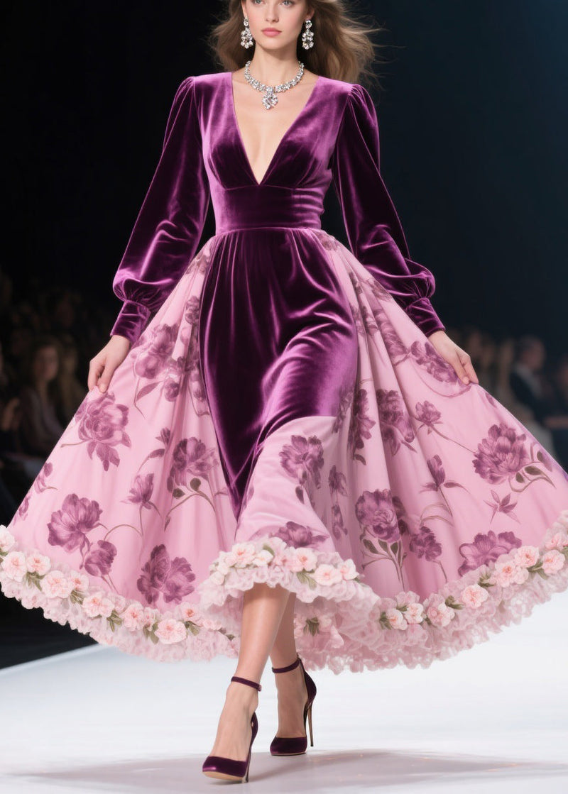 Colorblock Print Lace Silk Velvet Long Dresses Spring
