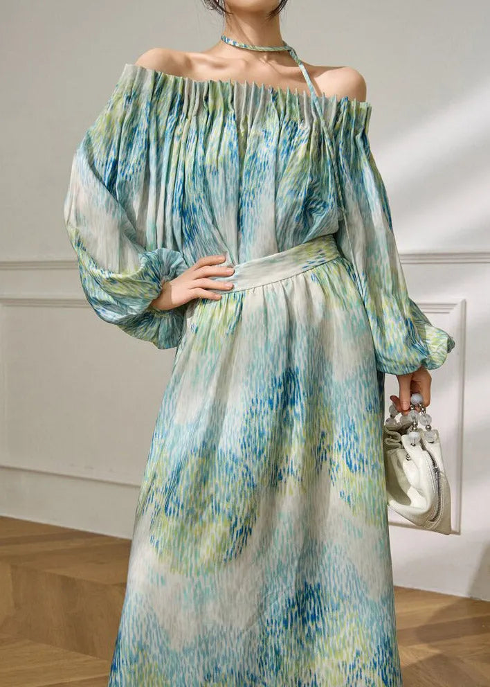 Green Slash Neck Tie Waist Top and Maxi Skirts Spring